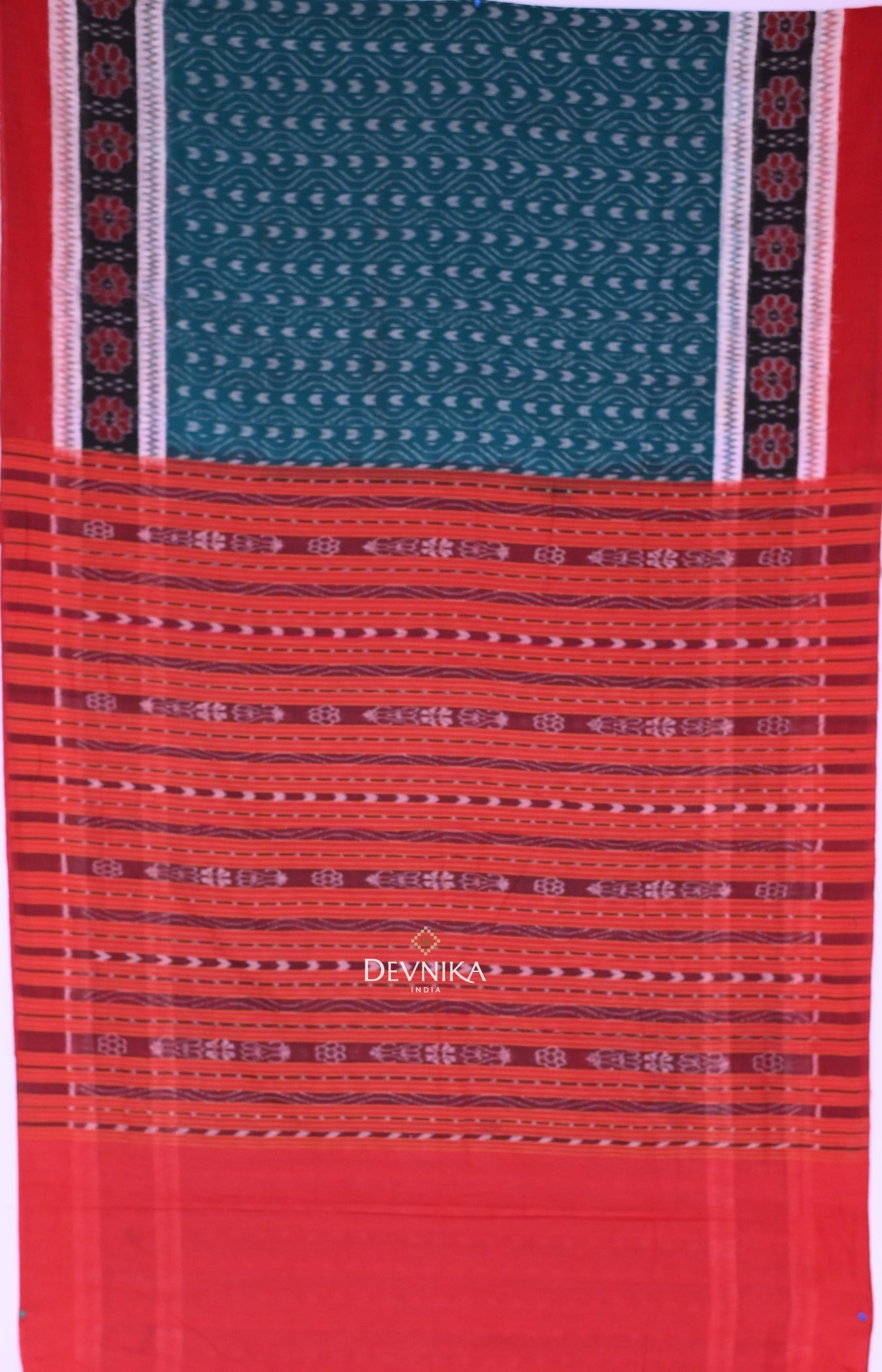 Sea Green Double Border Bandha Handloom Cotton Saree | Odisha Handloom | Devnika