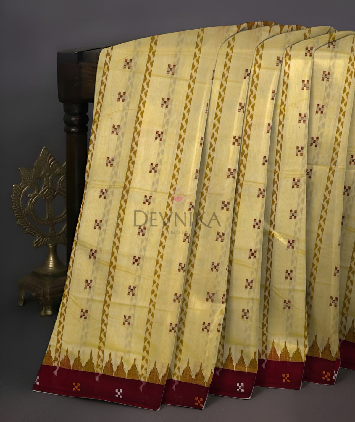 Cream Yellow Boarder Pasapalli Cotton Bapta Saree | Odisha Handloom GI Tagged | Devnika