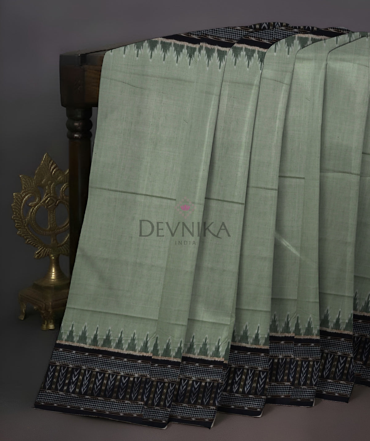 Pista Green Temple Border Bandha Saree | Odisha Handloom GI Tagged | Devnika