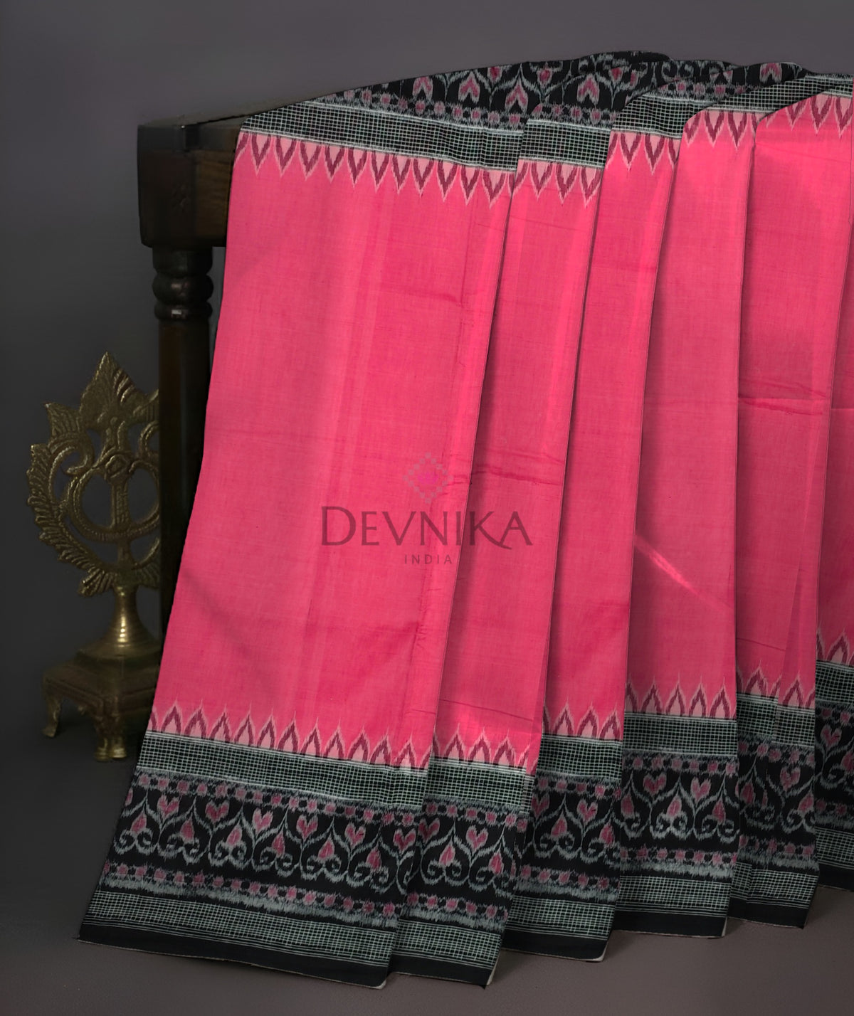 Pink Temple Border Bandha Saree | Odisha Handloom GI Tagged | Devnika