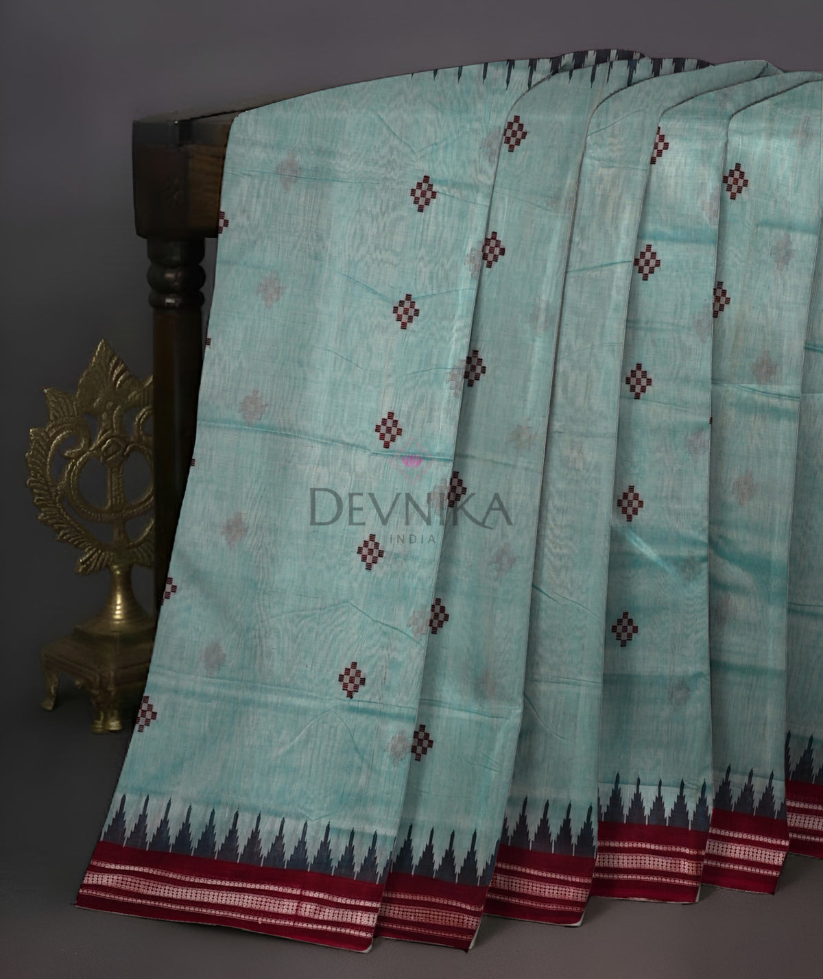 Light Green Temple Boarder Cotton Bapta Saree | Odisha Handloom GI Tagged | Devnika
