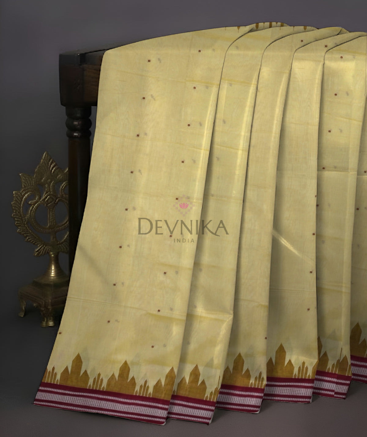 Cream Yellow Temple Boarder Cotton Bapta Saree | Odisha Handloom GI Tagged | Devnika