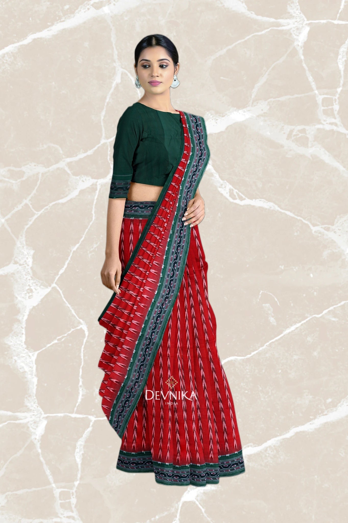 Deep Red Green Khajuri Pati Bandha Handloom Cotton Saree | Odisha Handloom | Devnika