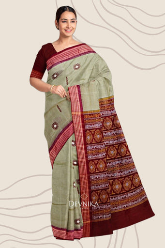Grey Green Bomkai Handloom Cotton Saree | Odisha Handloom | Devnika