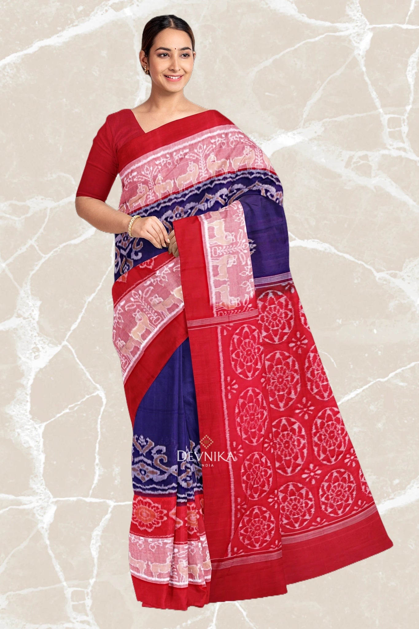Navy Blue Double Border Bandha Handloom Cotton Saree | Odisha Handloom | Devnika
