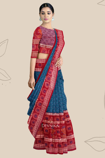Teal Green Namaskar Bandha Handloom Cotton Saree | Odisha Handloom | Devnika