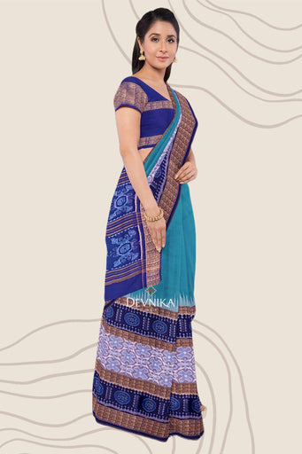 Sea Green Big Border Bandha Handloom Cotton Saree | Odisha Handloom | Devnika