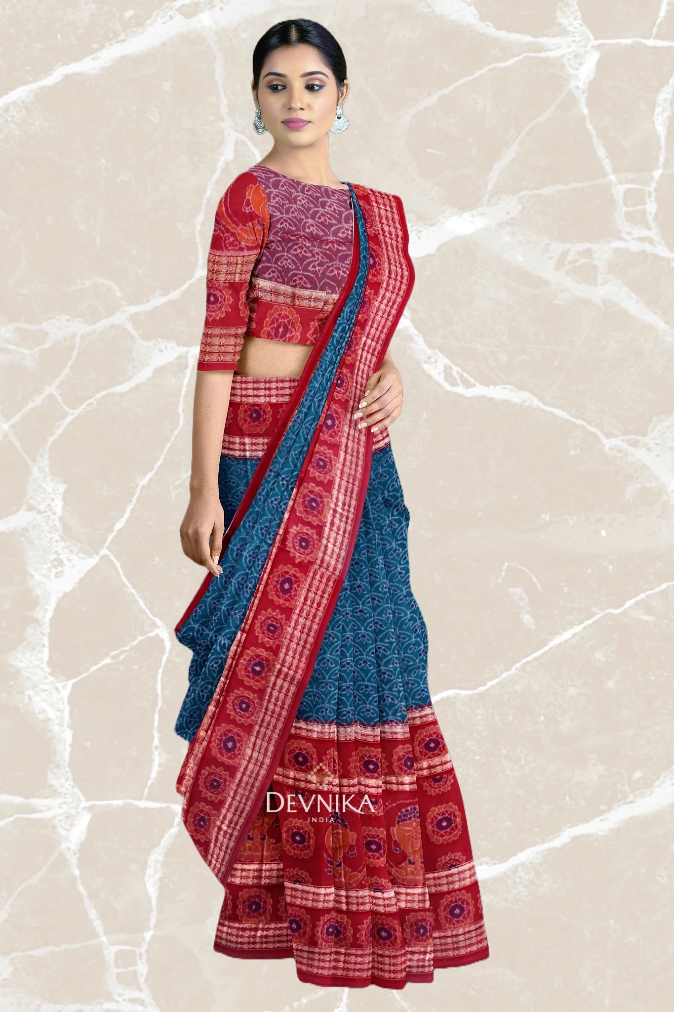 Dark Cyan Namaskar Bandha Handloom Cotton Saree | Odisha Handloom | Devnika