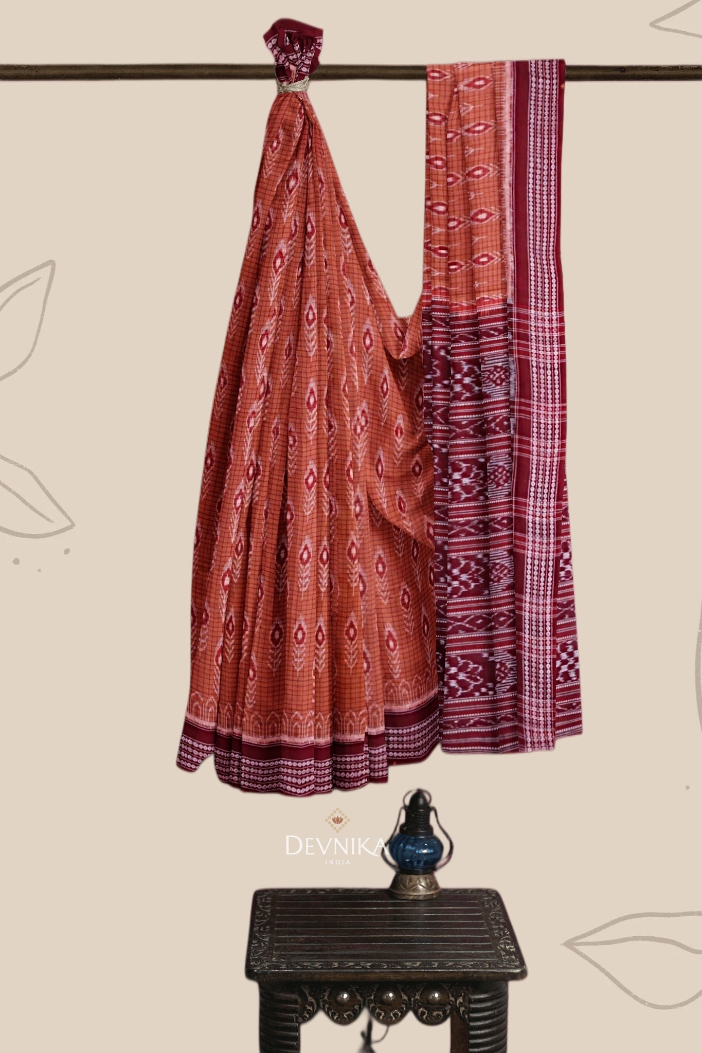 Brown With Maroon Body Bandha Handloom Cotton Saree | Odisha Handloom | Devnika
