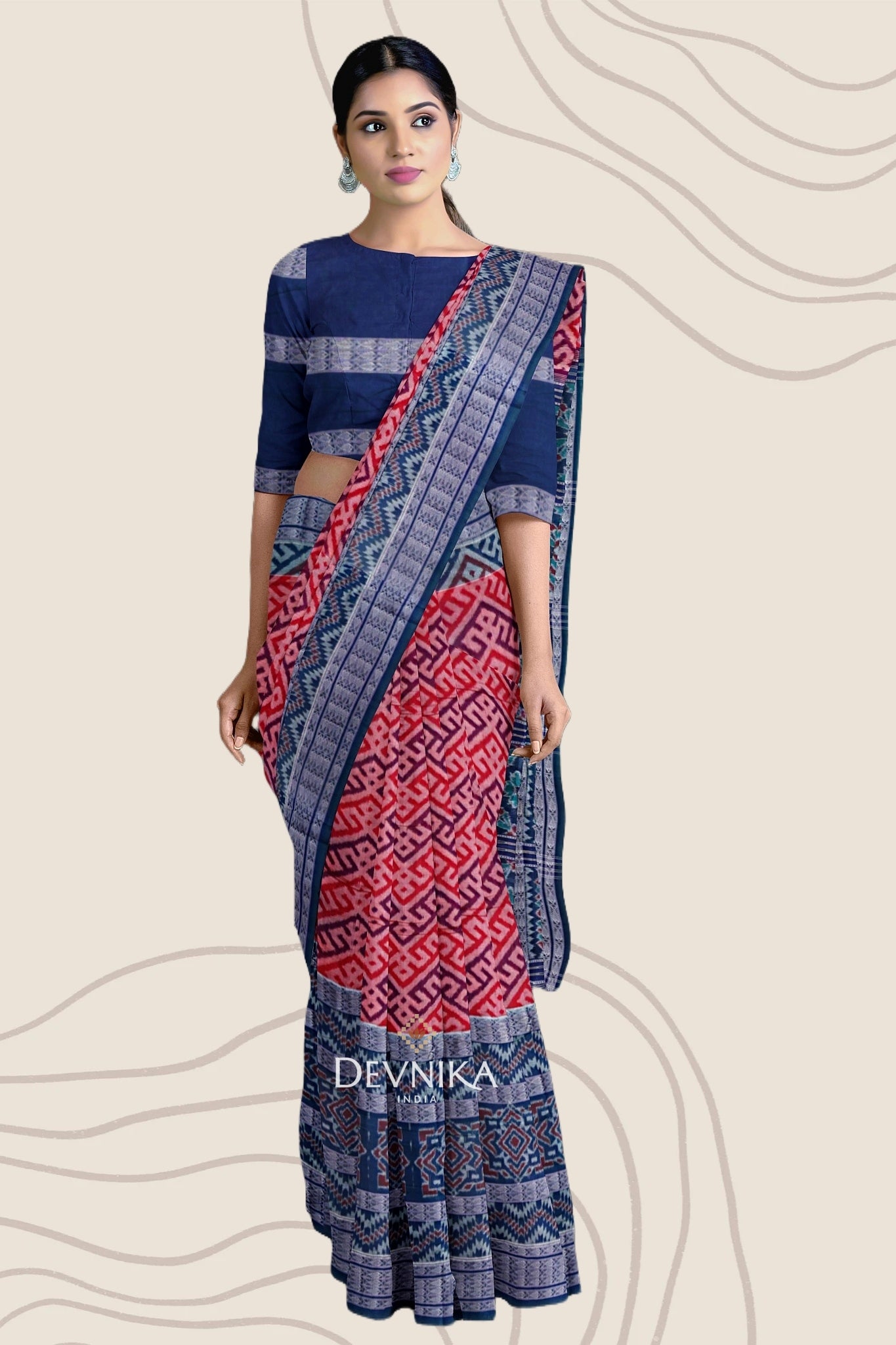 White Blue Fish Bandha Handloom Cotton Saree | Odisha Handloom | Devnika