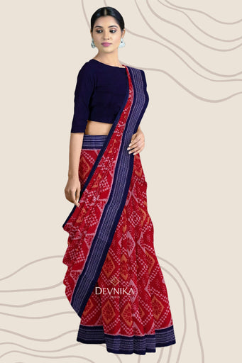 Red And Brown Paper Bandha Handloom Cotton Saree | Odisha Handloom | Devnika