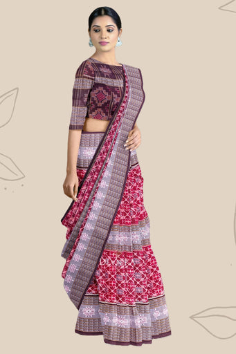 Red, Green And Maroon Double Border Bandha Handloom Cotton Saree | Odisha Handloom | Devnika