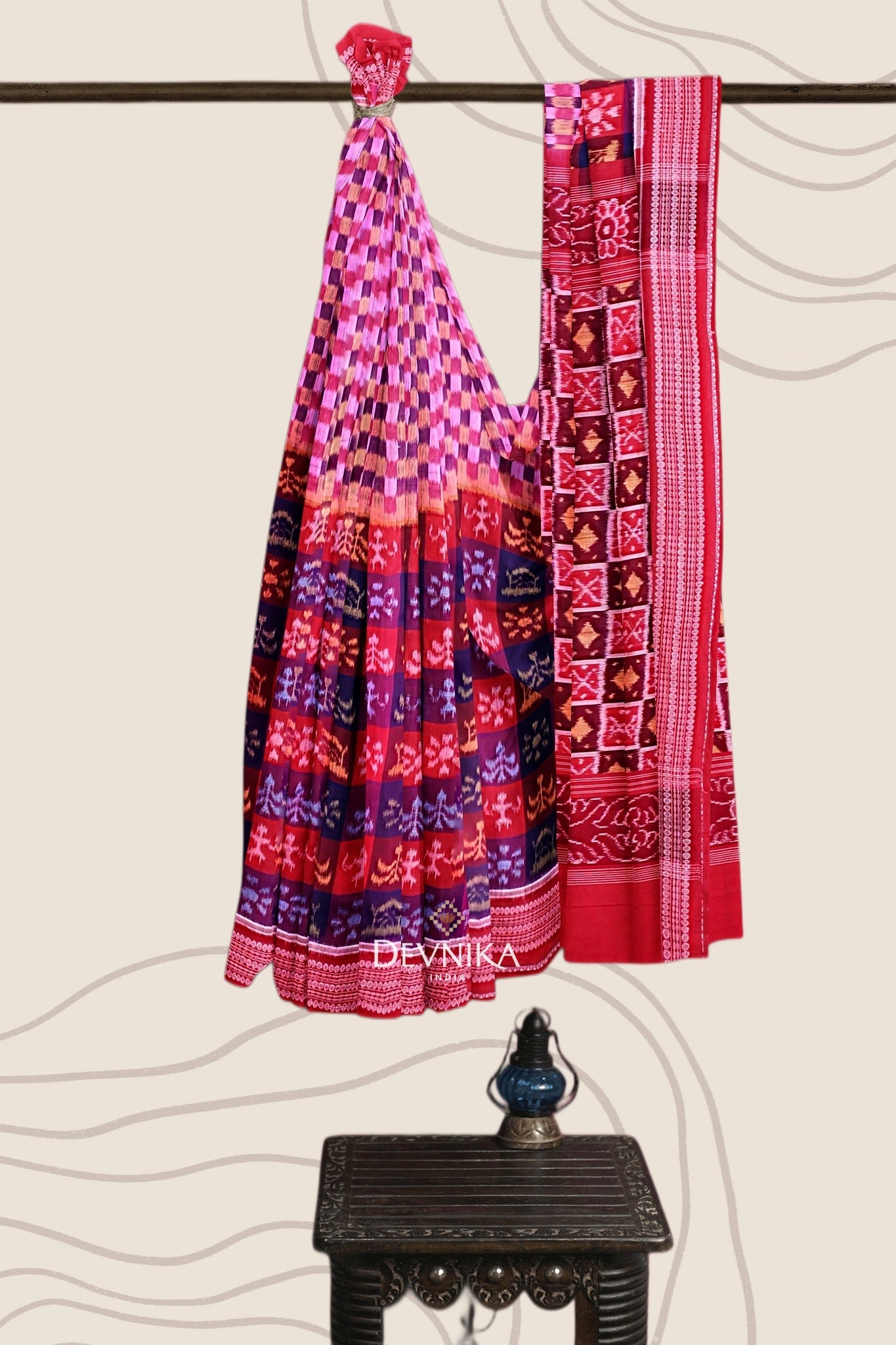 Blue Magenta Teracota Bandha Handloom Cotton Saree | Odisha Handloom | Devnika