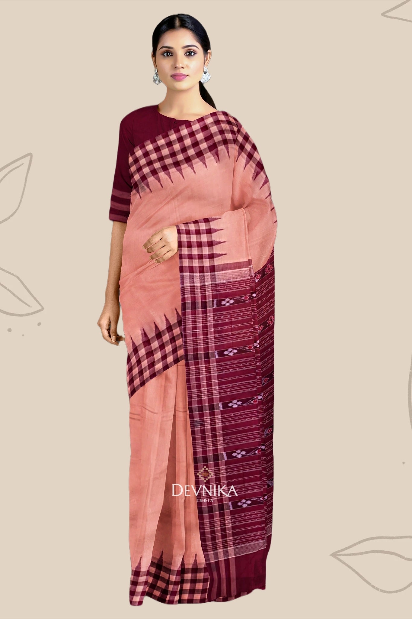 Beige Coral Odisha High School Teacher Saree