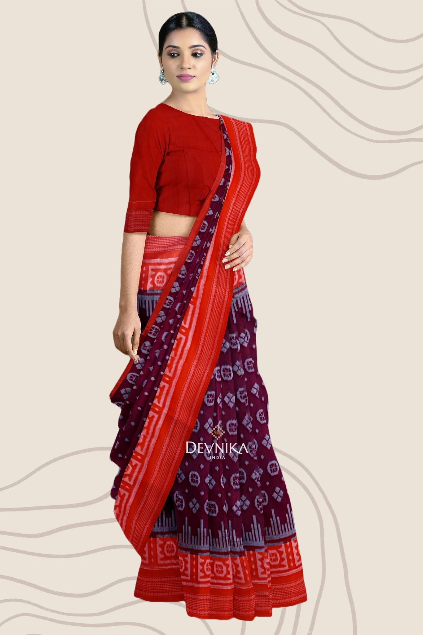 Dark Maroon Big Border Bandha Handloom Cotton Saree | Odisha Handloom | Devnika