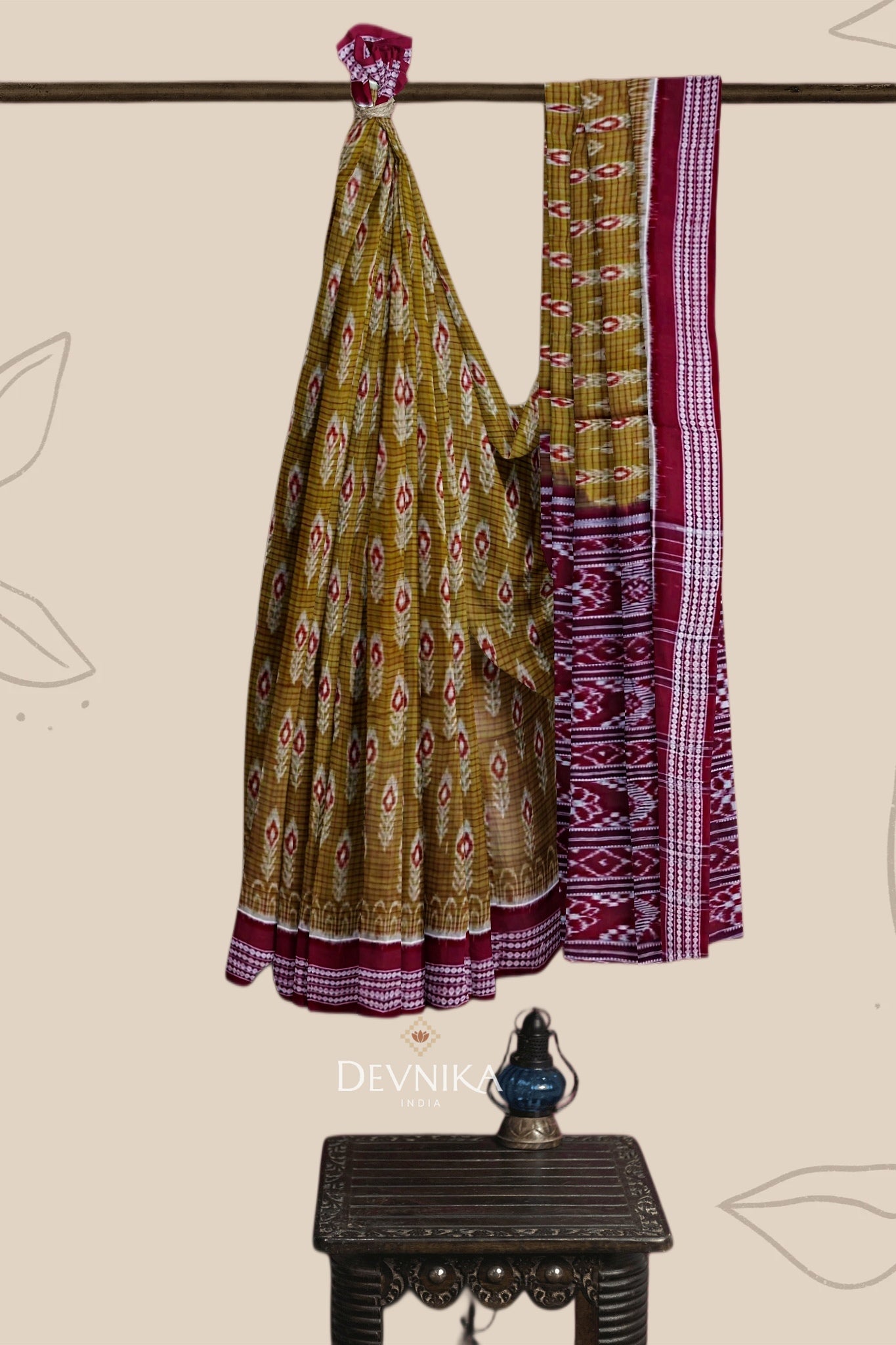 Light Olive Body Bandha Handloom Cotton Saree | Odisha Handloom | Devnika