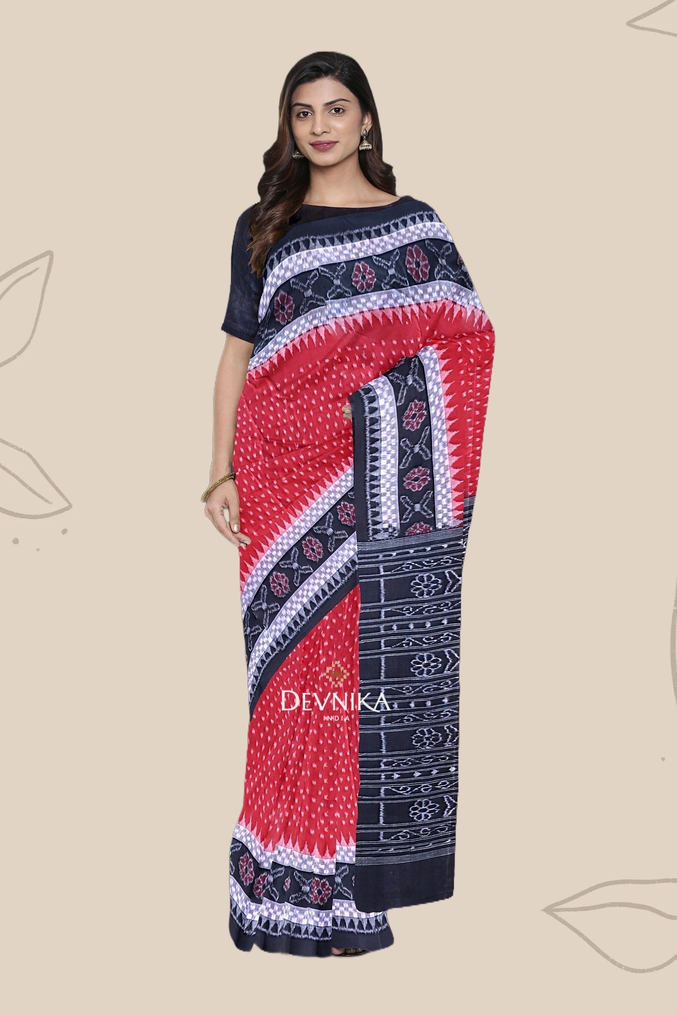 Red Double Border Bandha Handloom Cotton Saree | Odisha Handloom | Devnika