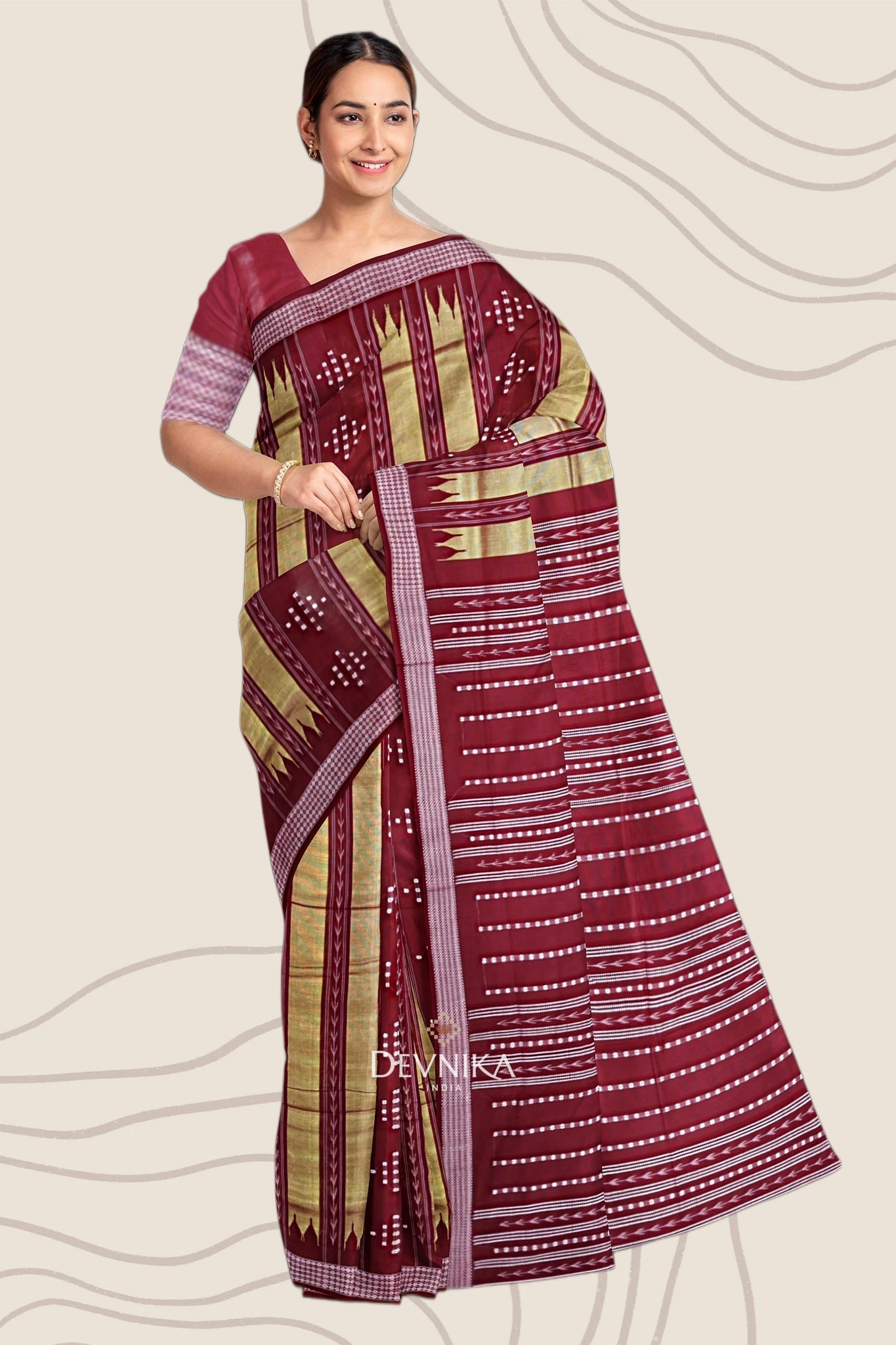 Golden Olive Pata Bapta Saree | Odisha Handloom | Devnika