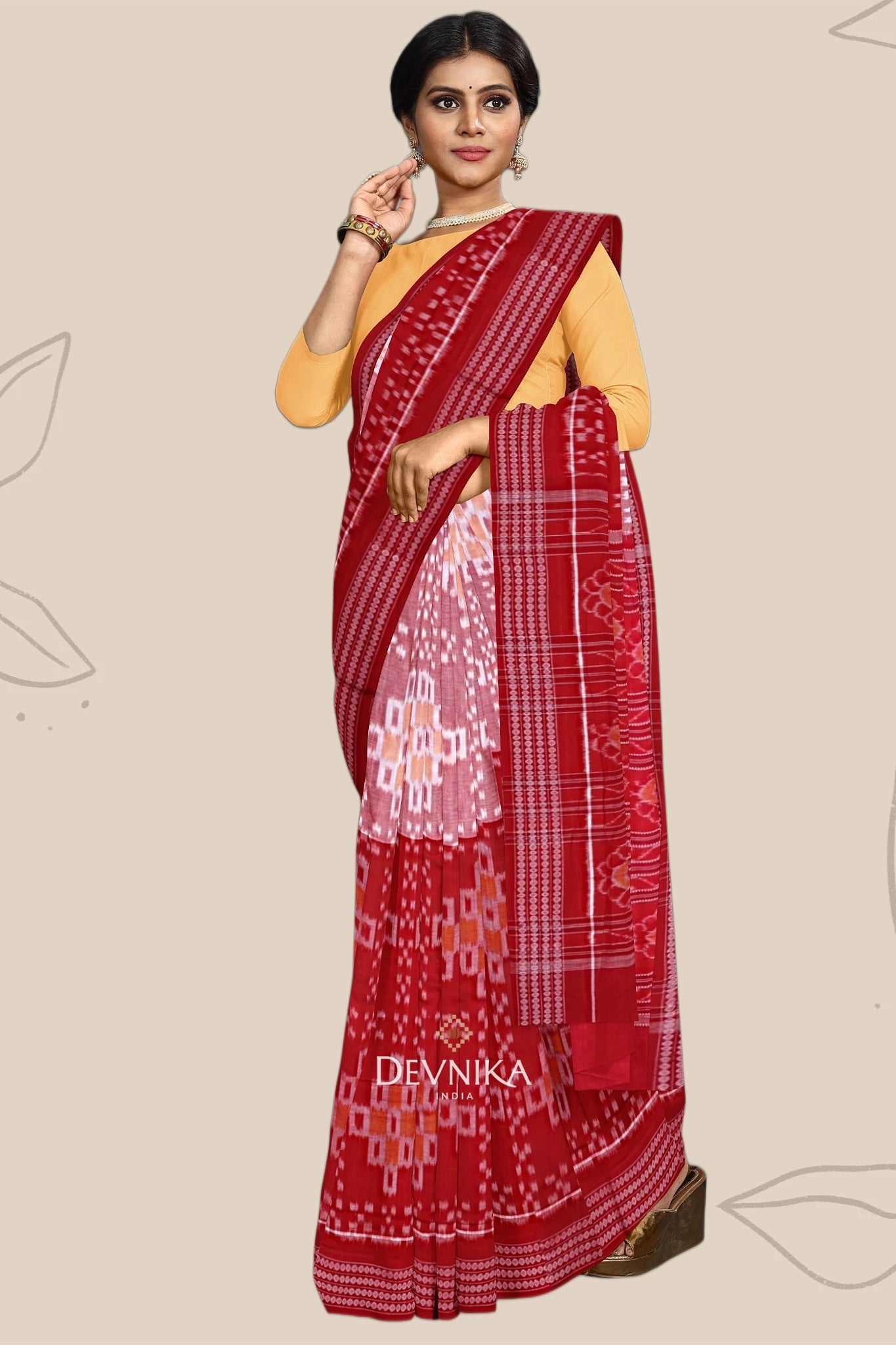 Red And Yellow Paper Bandha Handloom Cotton Saree | Odisha Handloom | Devnika