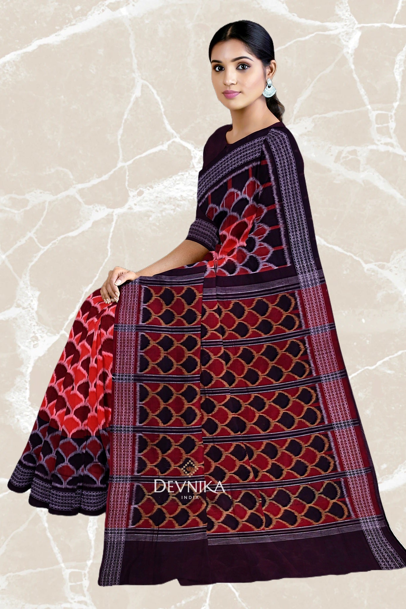 Rust And Brown Body Bandha Handloom Cotton Saree | Odisha Handloom | Devnika