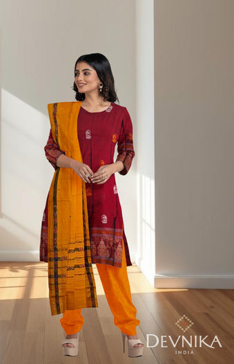 Deep Maroon With Yellow Color Pant & Chunri Bomkai Dress Set