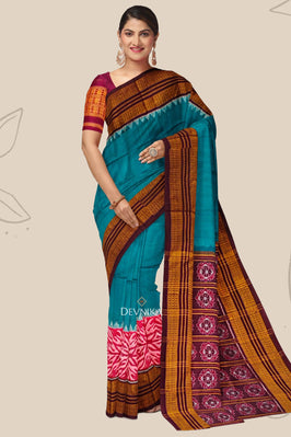 Teal Green Big Border Bandha Saree | Odisha Handloom GI Tagged | Devnika