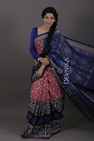 Pink Double Border Bandha Saree | Odisha Handloom GI Tagged | Devnika