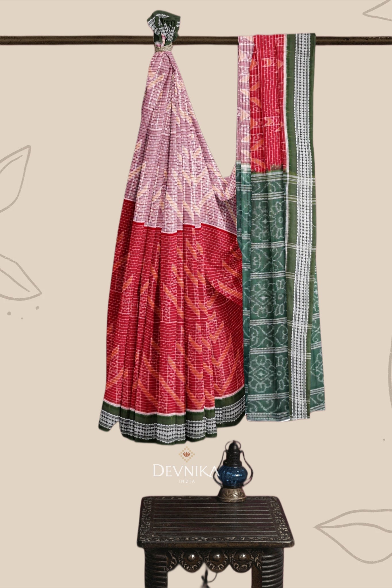 Red And White With Olive Green Body Bandha Handloom Cotton Saree | Odisha Handloom | Devnika