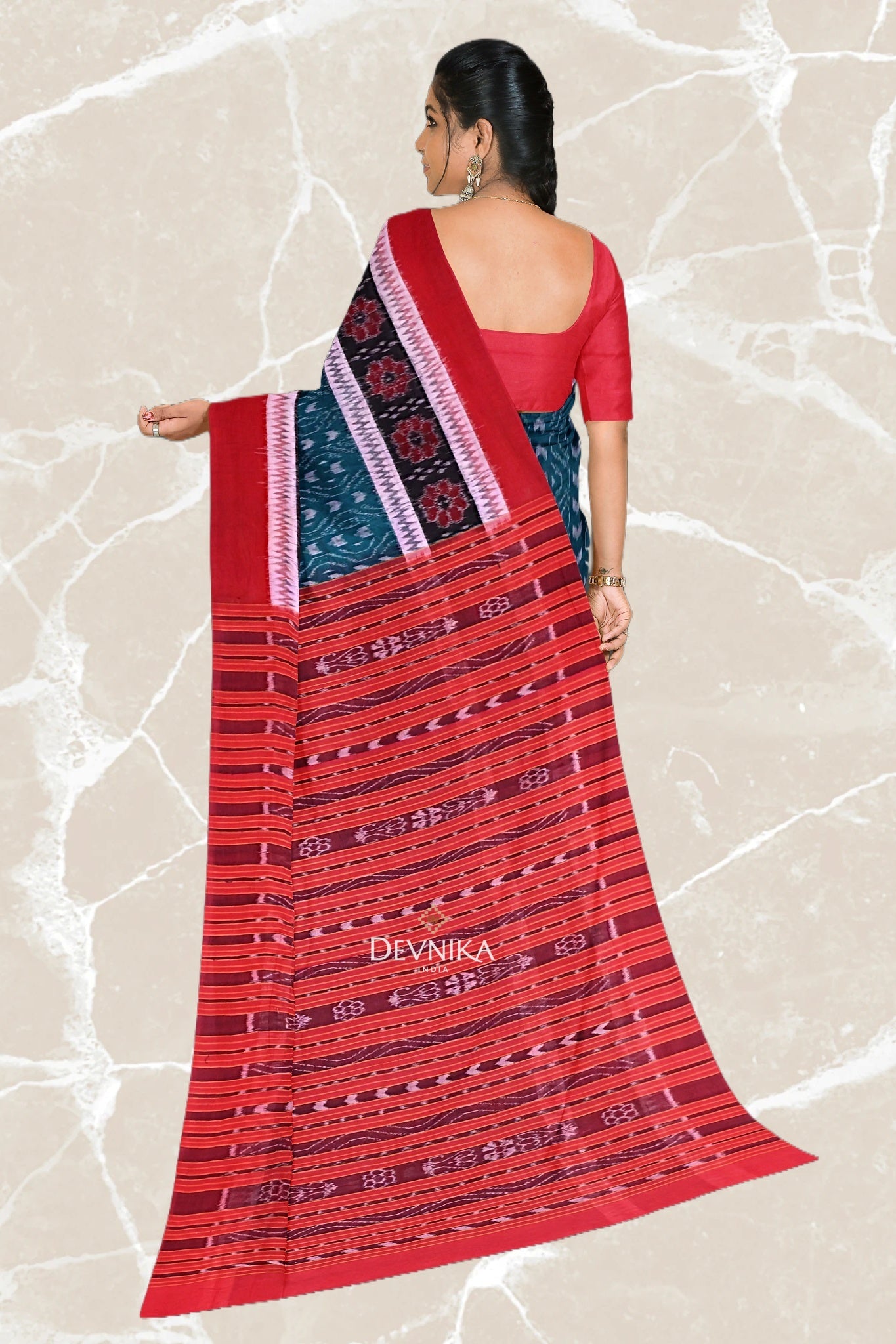 Sea Green Double Border Bandha Handloom Cotton Saree | Odisha Handloom | Devnika