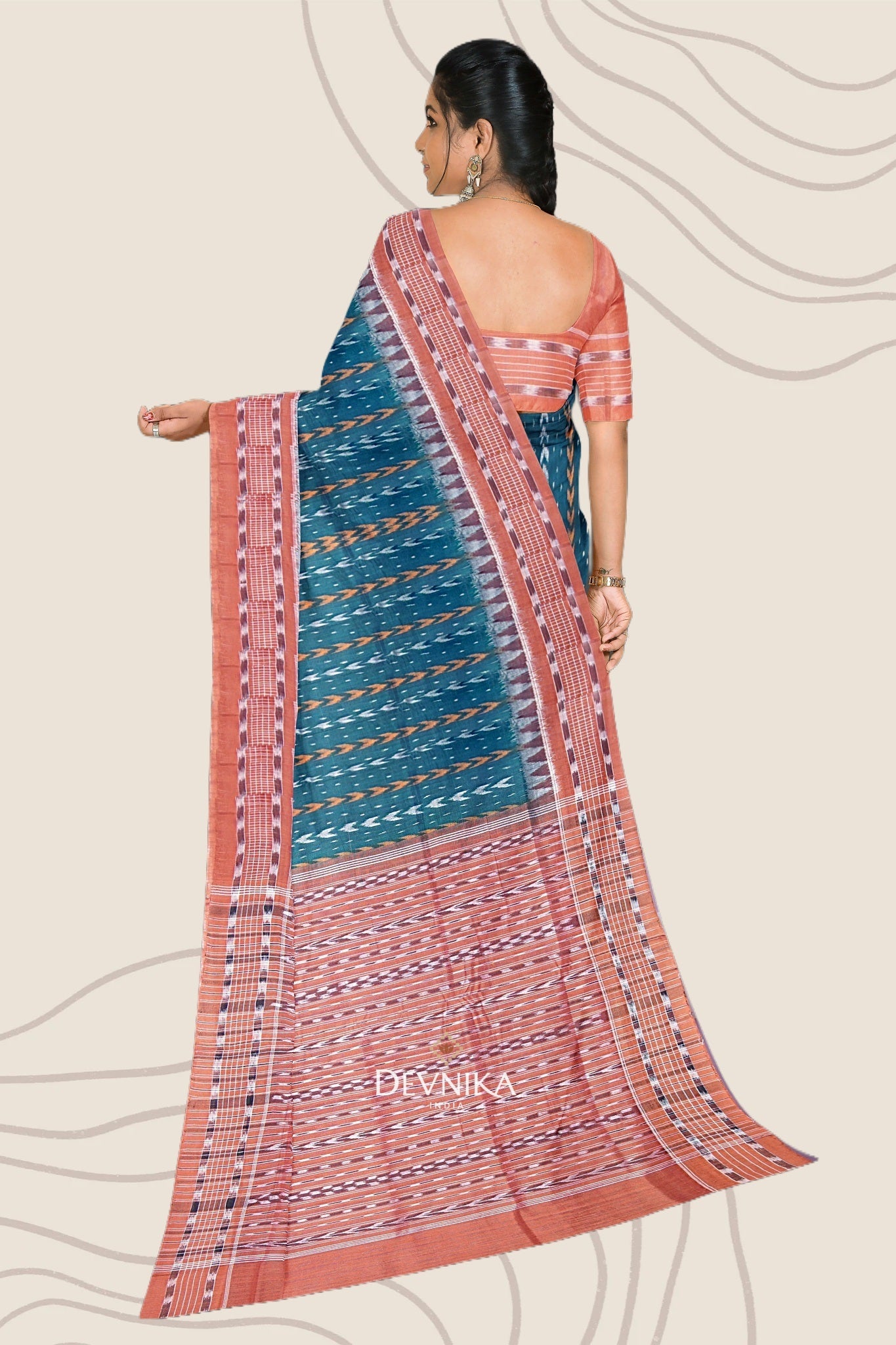 Teal Green Khajuri Pati Bandha Handloom Cotton Saree | Odisha Handloom | Devnika