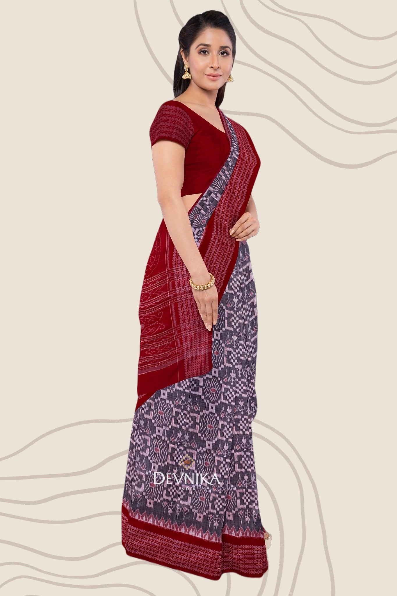 Red And White Body Bandha Handloom Cotton Saree | Odisha Handloom | Devnika