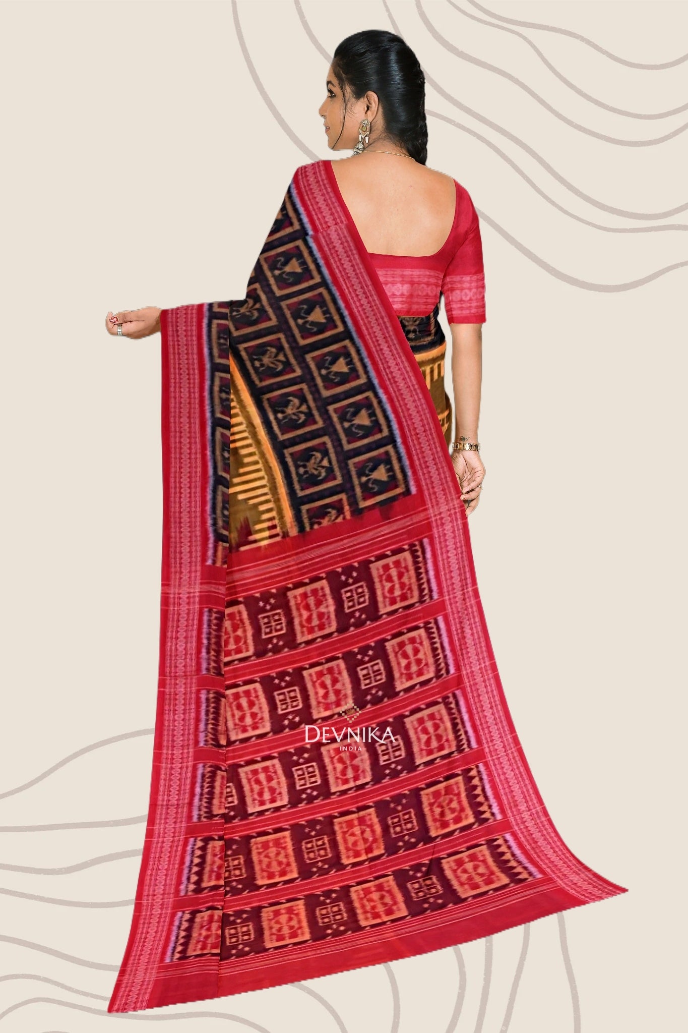 Golden Brown Big Border Bandha Handloom Cotton Saree | Odisha Handloom | Devnika