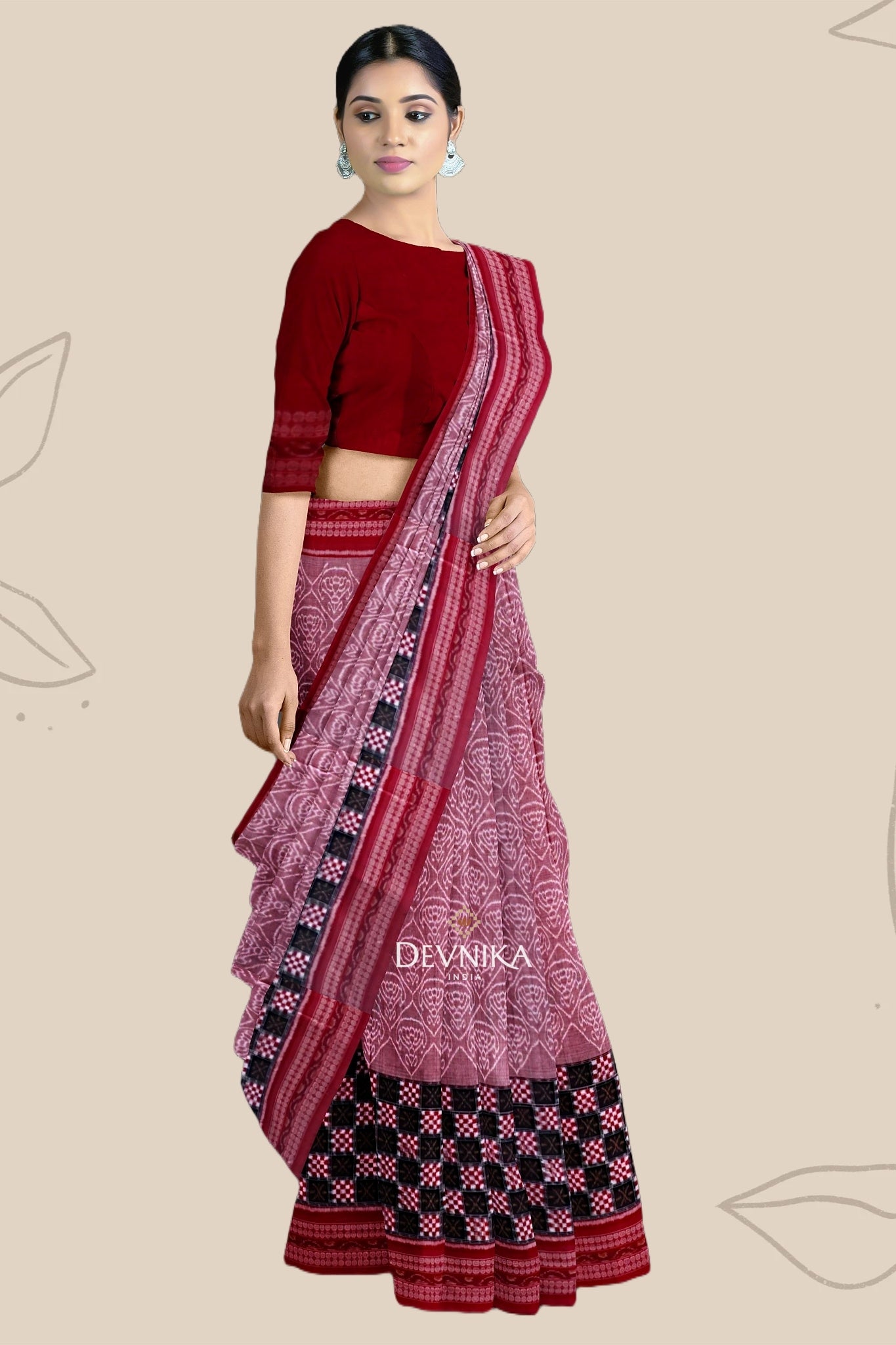 White And Dusty Rose Big Border Bandha Handloom Cotton Saree | Odisha Handloom | Devnika