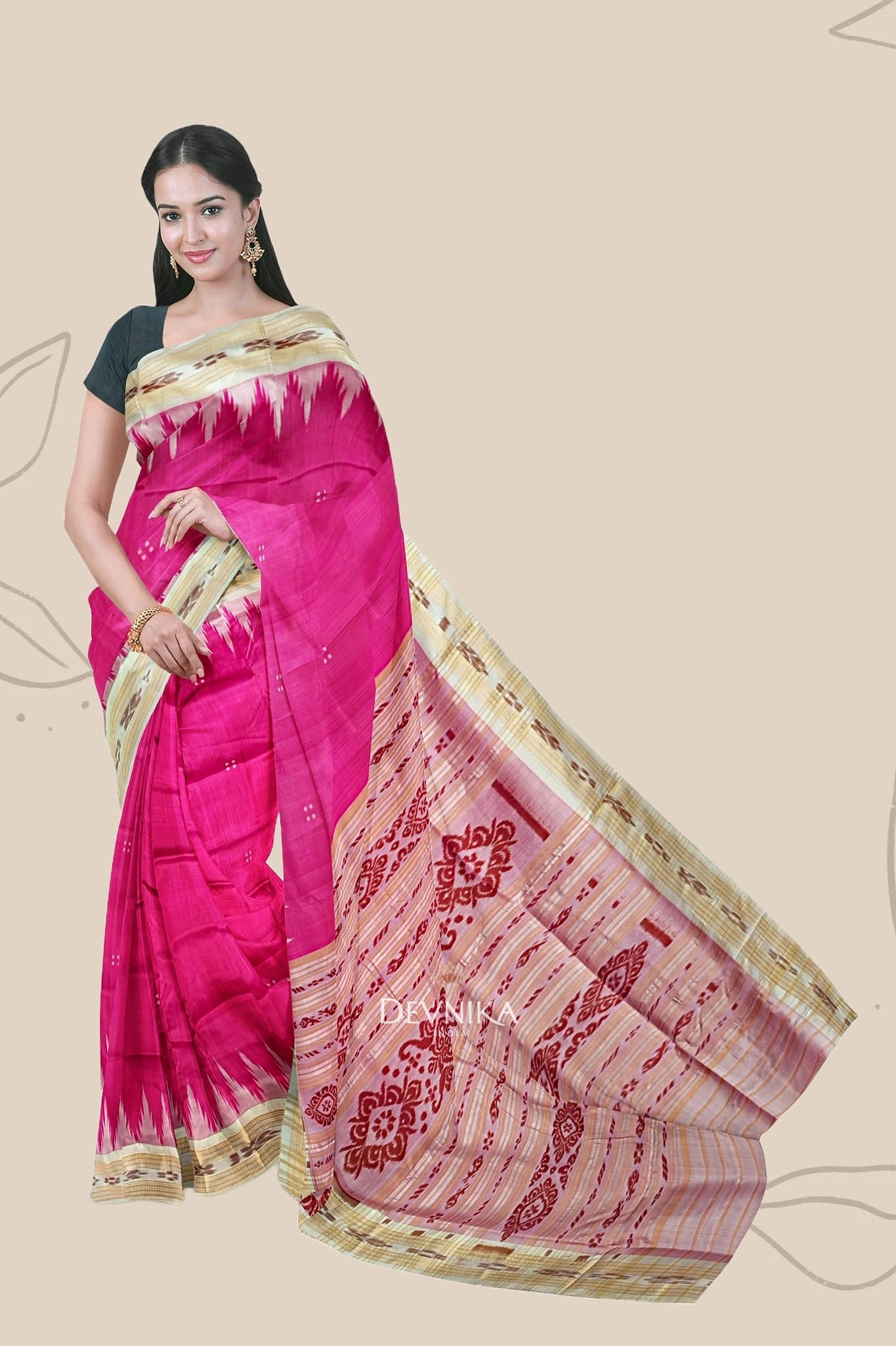 Hot Pink Big Temple Border Khandua Pata Saree