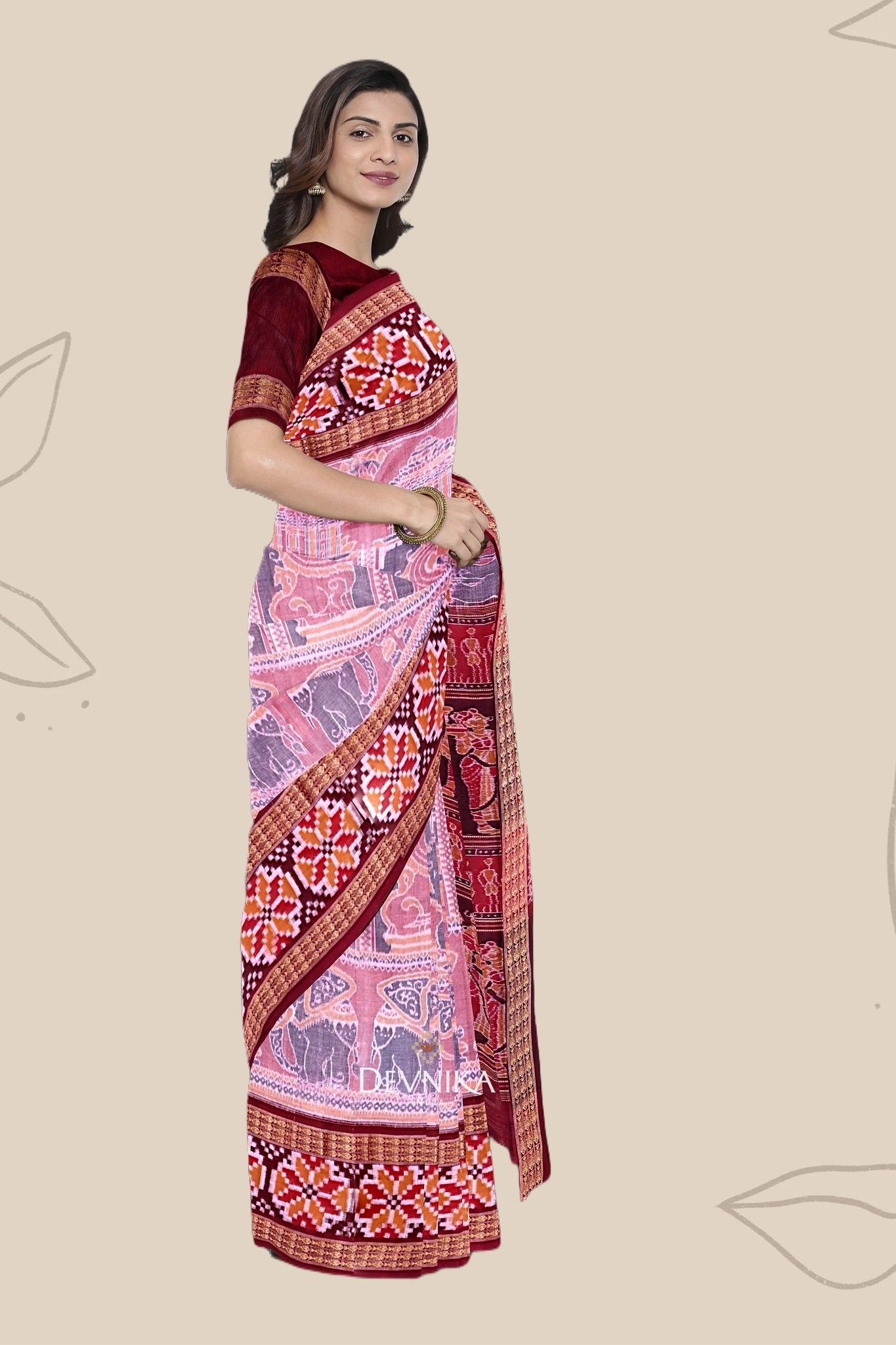 Light Red Konark Bandha Handloom Cotton Saree | Odisha Handloom | Devnika