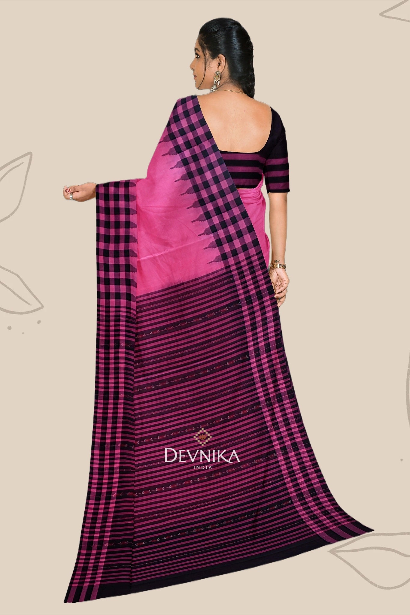 Pink Black Temple Border Odisha UP School Saree