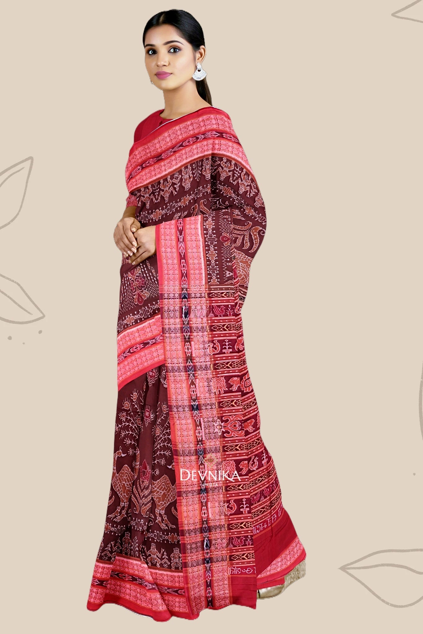 Deep Brown Peacock Bandha Handloom Cotton Saree | Odisha Handloom | Devnika