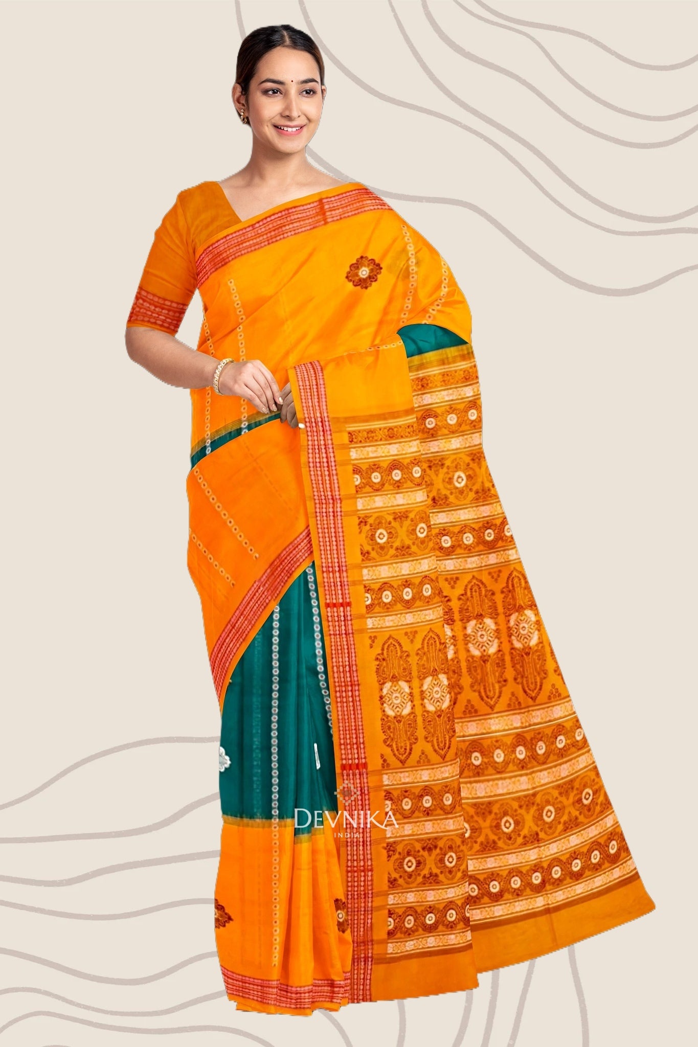 Leaf Green Bomkai Handloom Cotton Saree | Odisha Handloom | Devnika