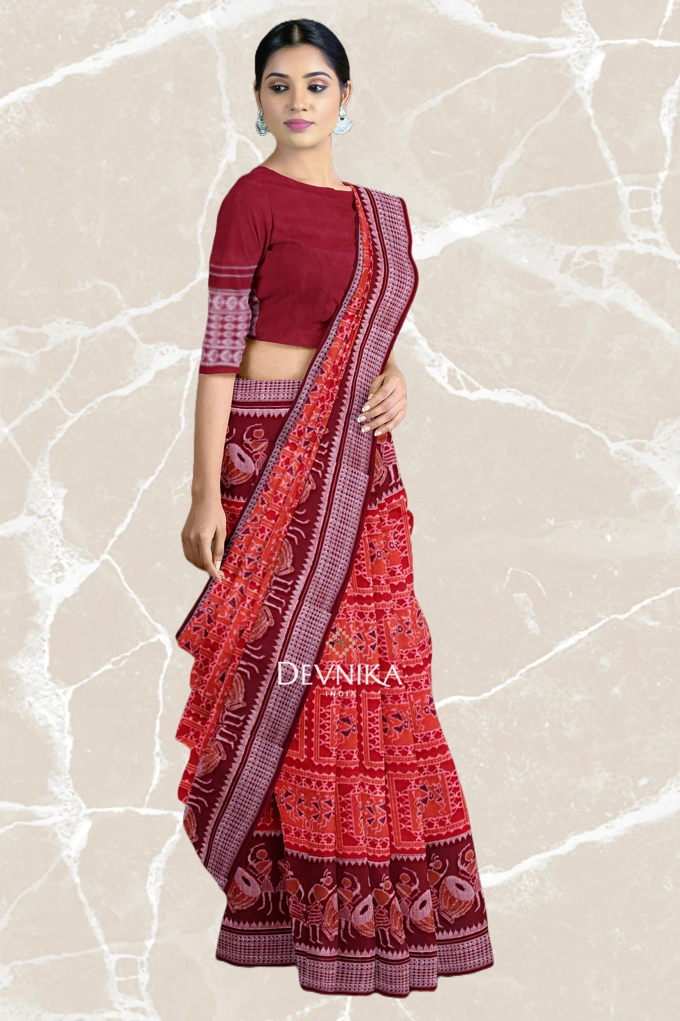Dark Red Teracota Bandha Handloom Cotton Saree | Odisha Handloom | Devnika