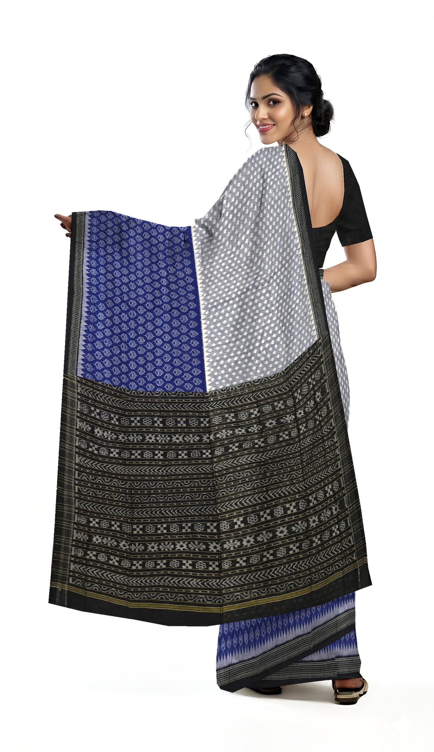 White Blue Half Half Body Bandha Saree