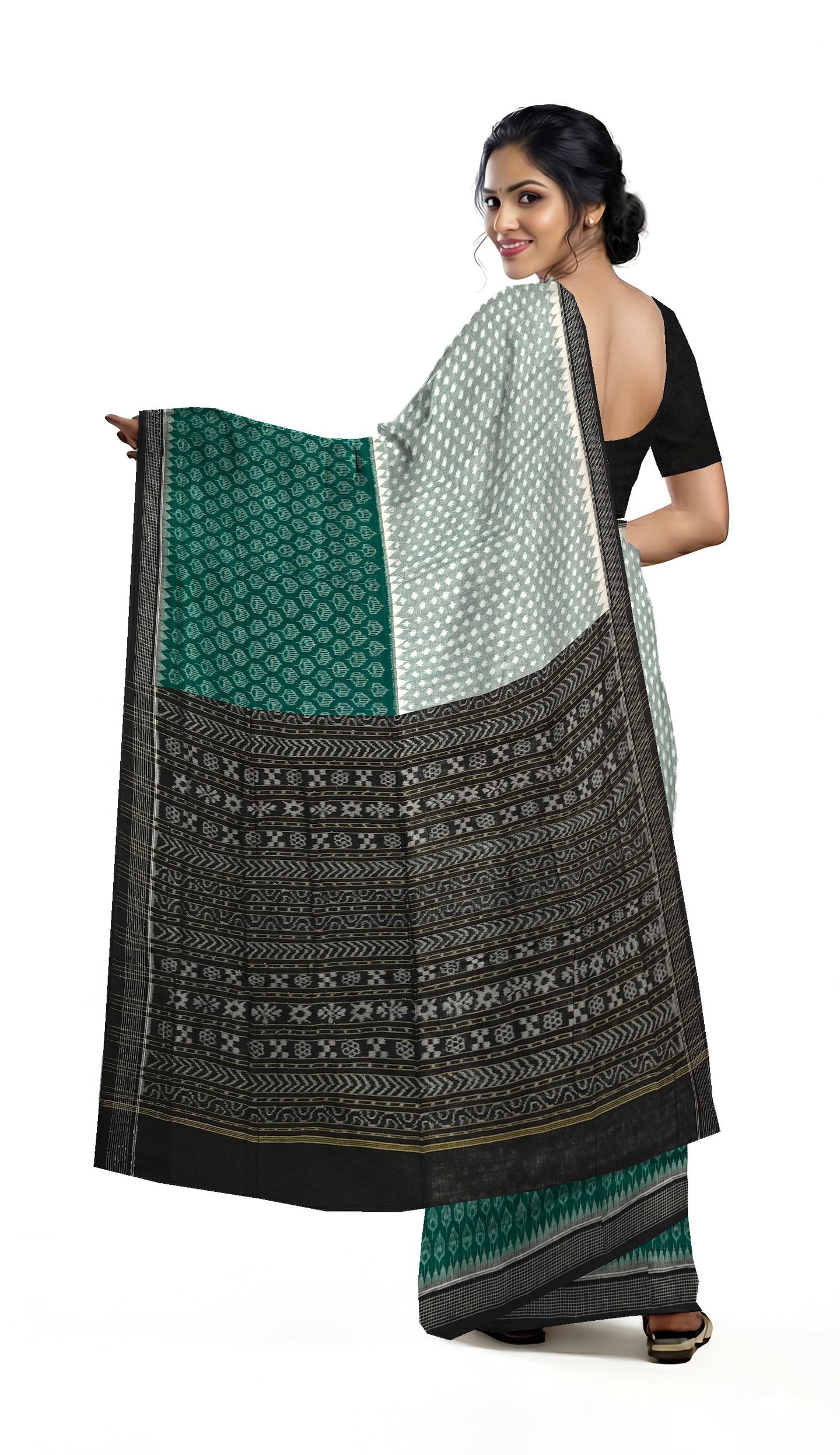 Green White Half Half Body Bandha Saree