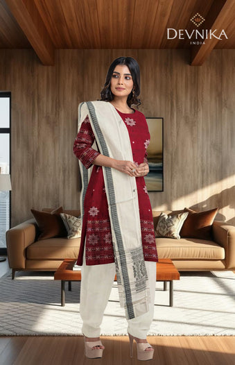 Deep Maroon With White Pant & Chunri Bomkai Dress Set