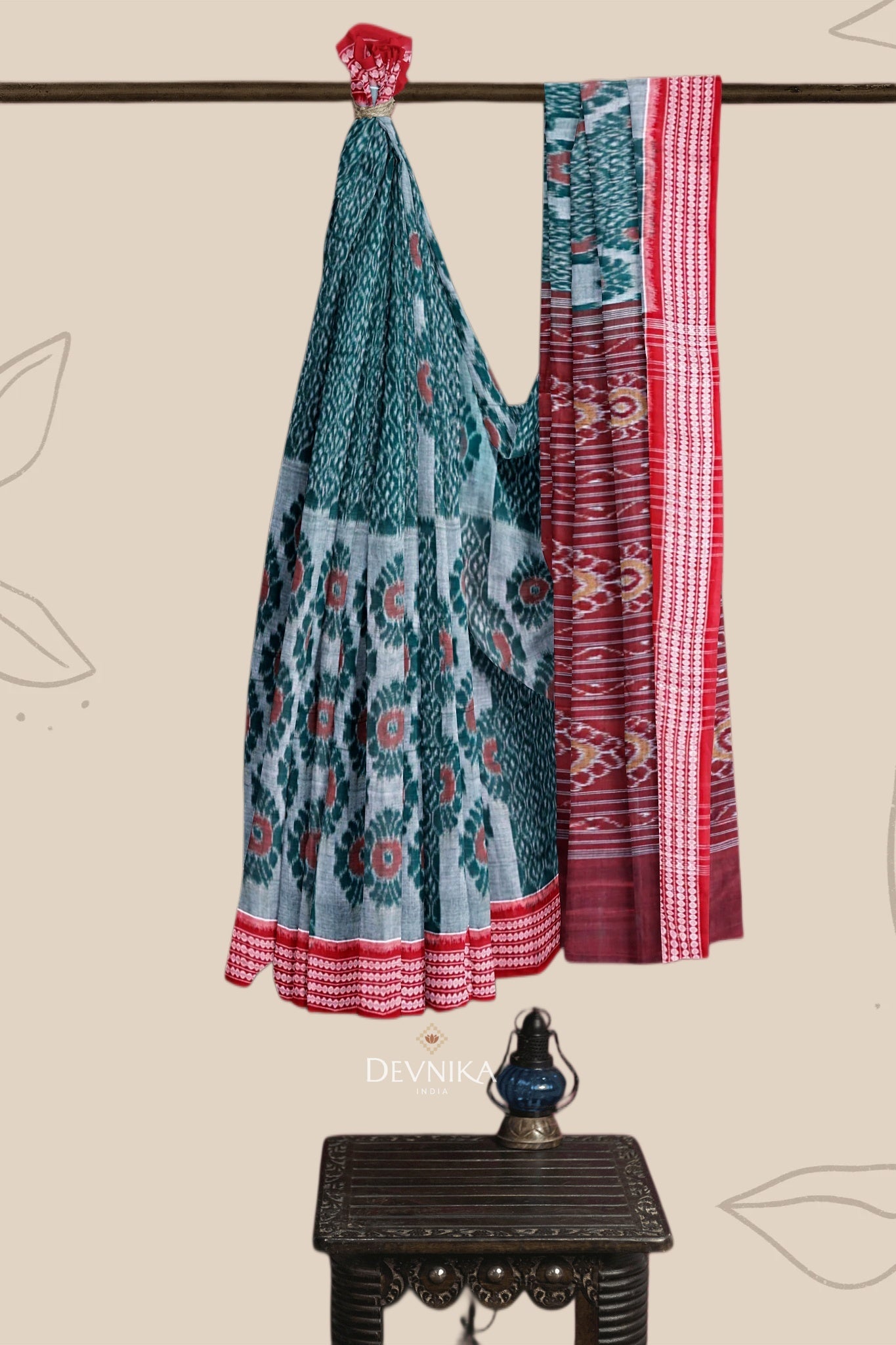 Green and Red Body Bandha Saree | Odisha Handloom GI Tagged | Devnika