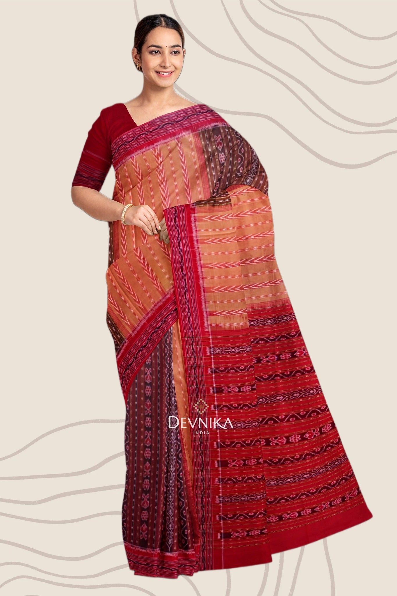 Brown Pancha Mukhi Bandha Handloom Cotton Saree | Odisha Handloom | Devnika