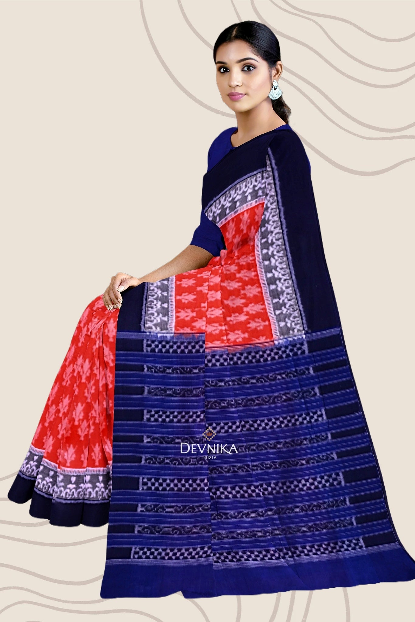 Orange Double Border Bandha Handloom Cotton Saree | Odisha Handloom | Devnika