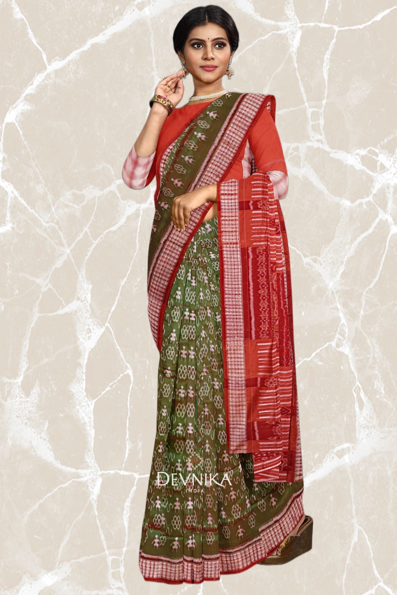 Rust Green Teracota Bandha Silk Saree | Odisha Handloom GI Tagged | Devnika