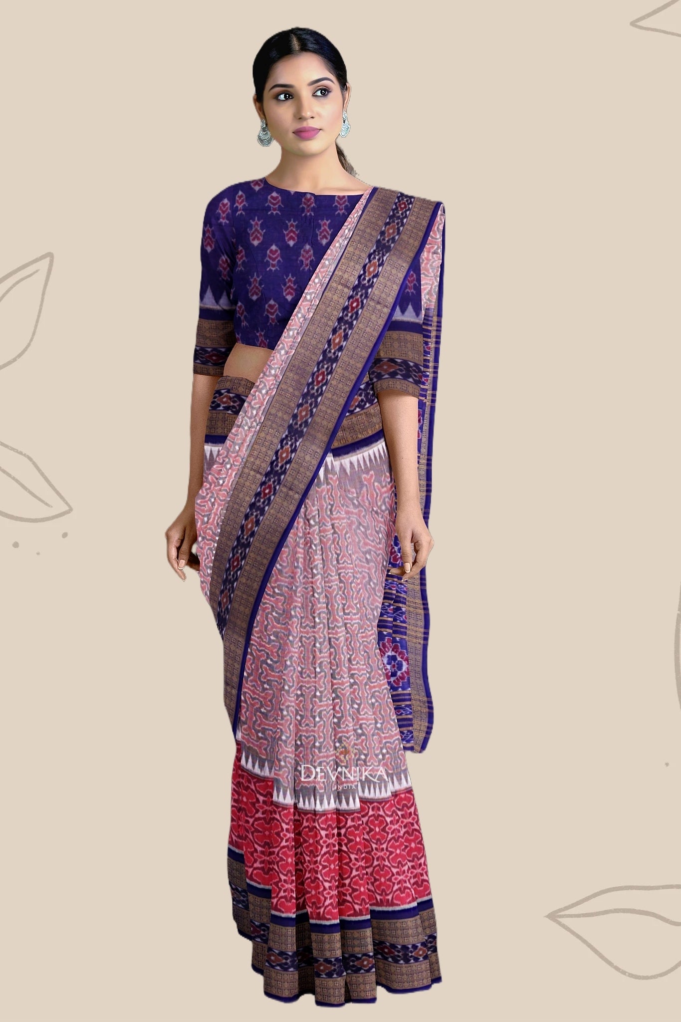 Sweet Pink Double Border Bandha Handloom Cotton Saree | Odisha Handloom | Devnika