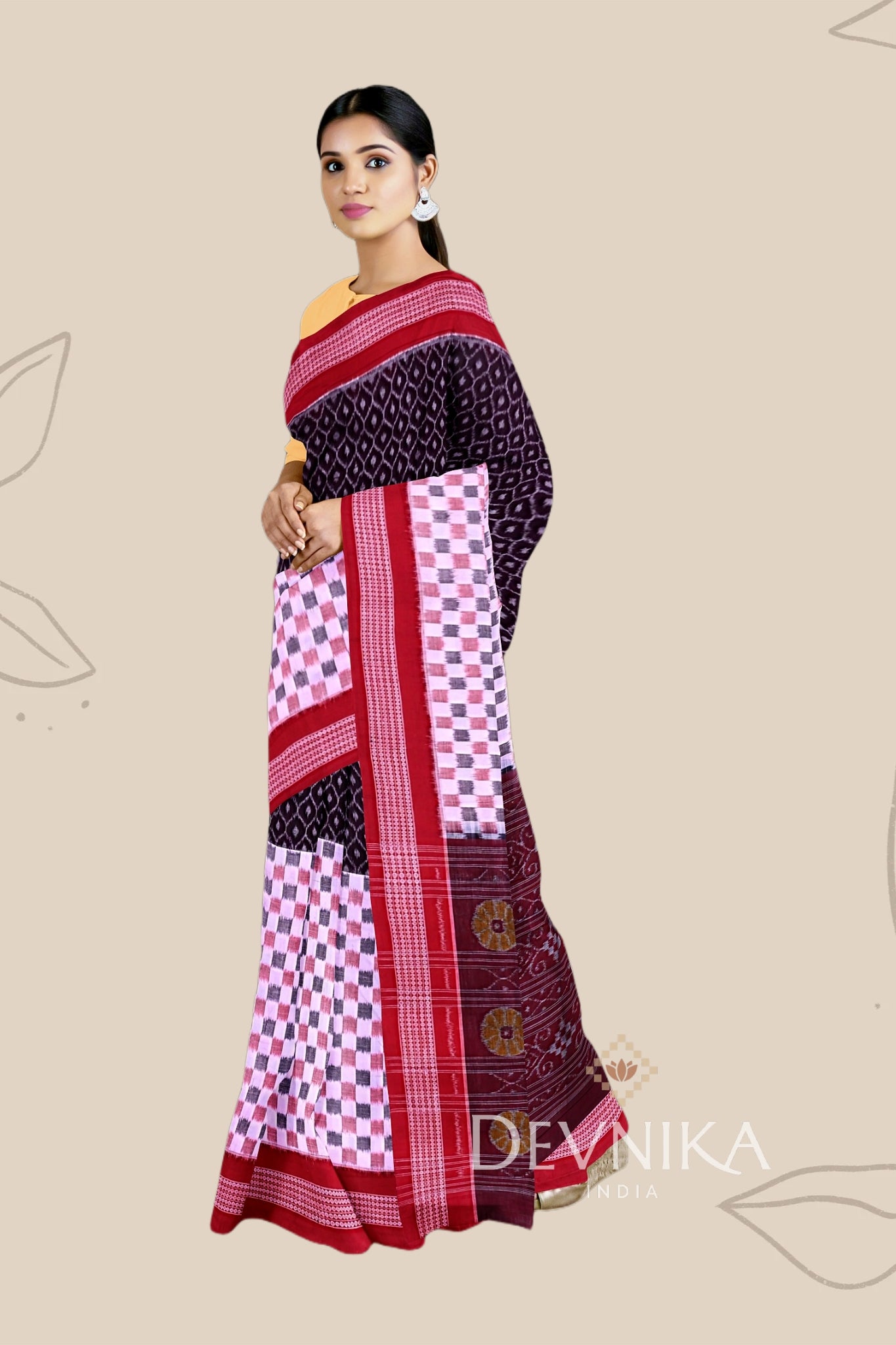 Dark Coffee Half Half Bandha Handloom Cotton Saree | Odisha Handloom | Devnika