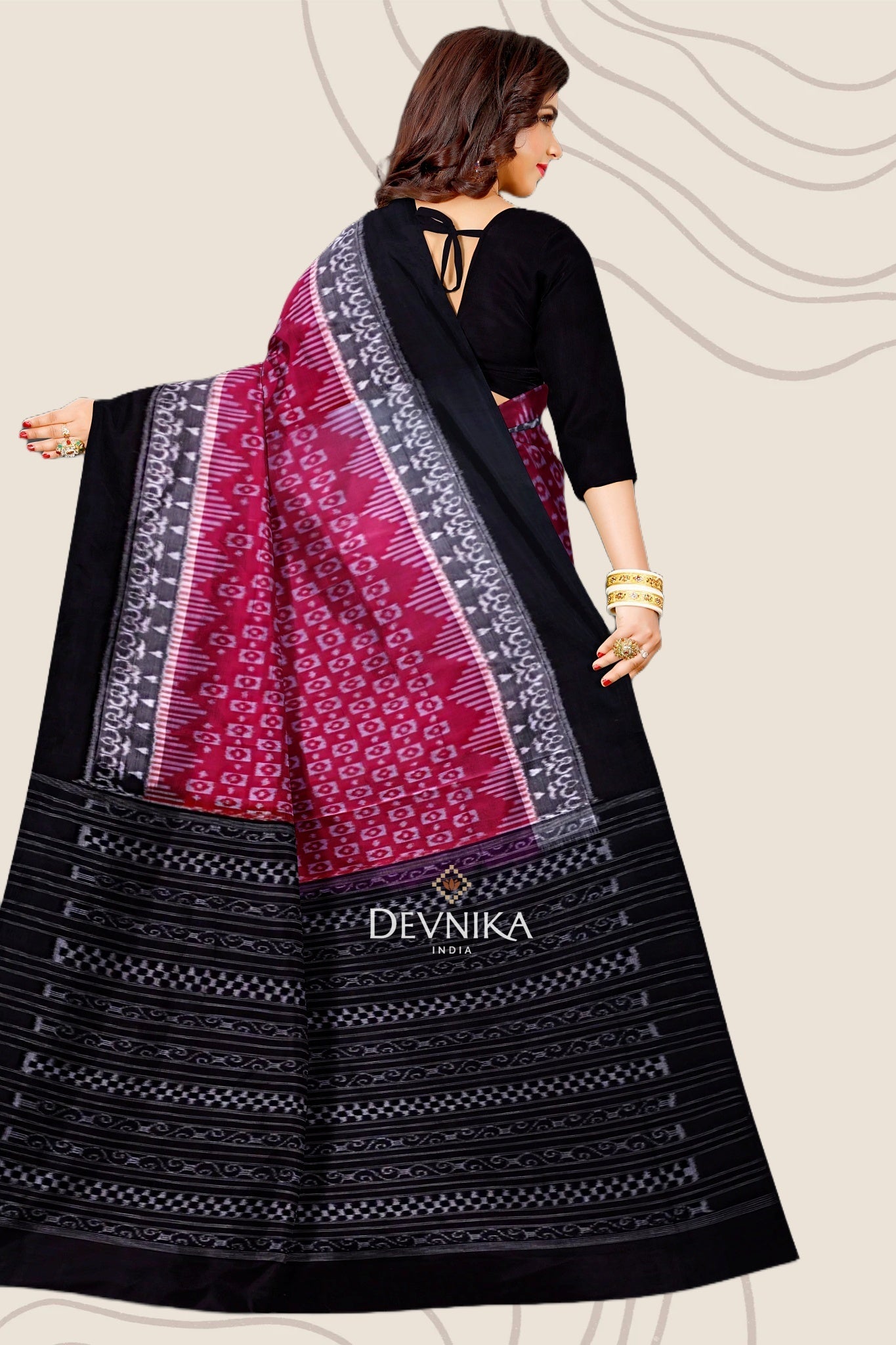 White And Burgundy Double Border Bandha Handloom Cotton Saree | Odisha Handloom | Devnika