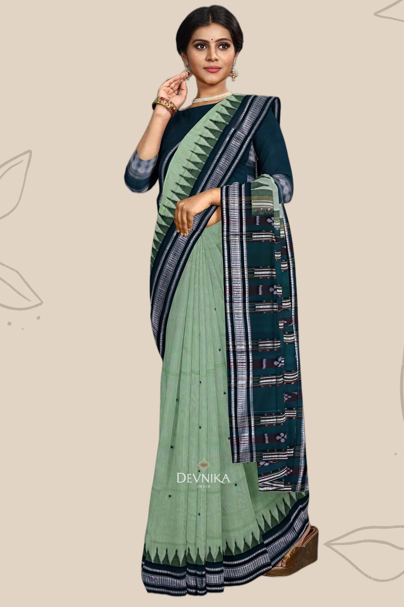 Light Green Temple Border Cotton Bapta Saree